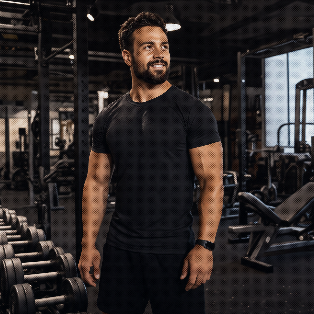 Coach fitness souriant avec rendu halftone Formlyy