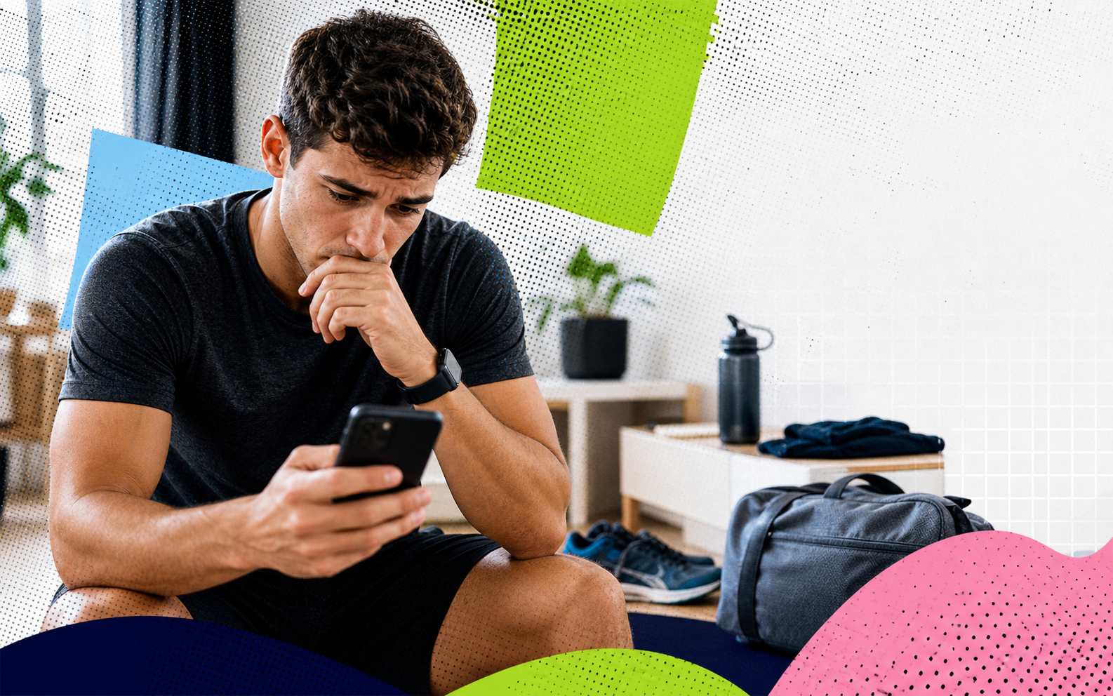 Lead fitness qui hésite derrière son téléphone avant de reprendre le sport